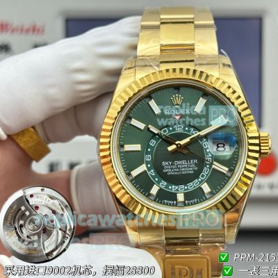 PPM Swiss Clone Gain Weight Yellow Gold Rolex Sky-Dweller Green Face Oyster Watch 